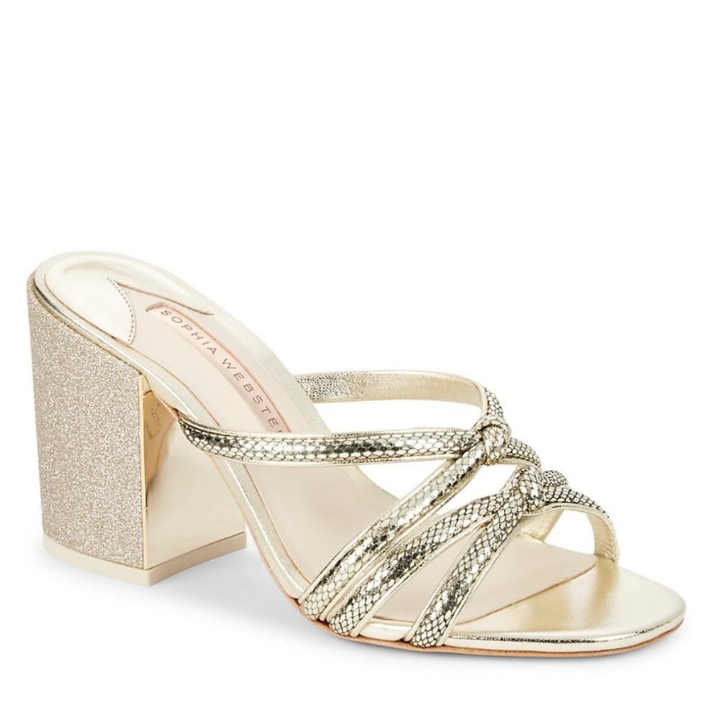 NEW Sophia Webster Freya Knot Cross Strap Glitter Block Heel Metallic Snakeskin